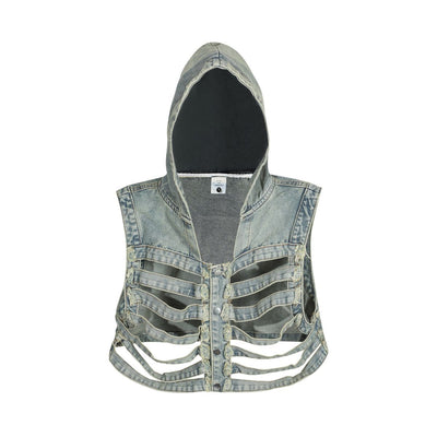 Distressed Cut-Out Denim Hooded Vest
