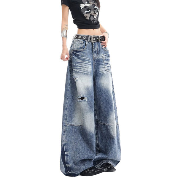Distressed Pocket Barrel Leg Denim Jeans