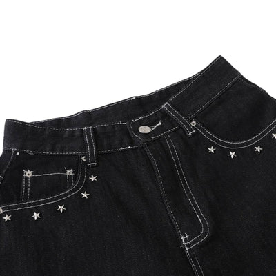 Retro Contrast Heart & Wings Patchwork High Rise Loose Draped Denim Jeans