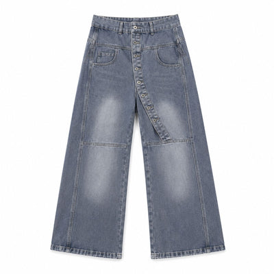 Asymmetric Button Curved Seam Wide Leg Denim Jeans