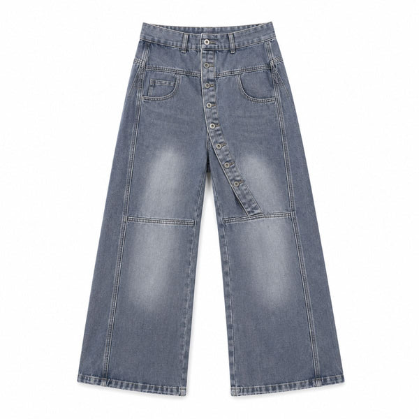 Asymmetric Button Curved Seam Wide Leg Denim Jeans
