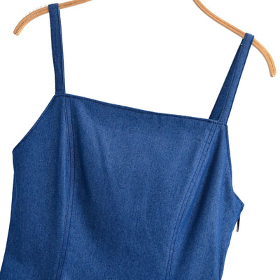 Classic Blue Denim Spaghetti Strap Flared Dress