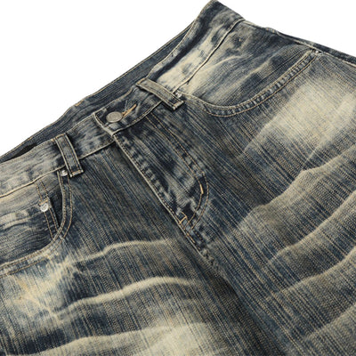 Men's Washed Faded Wide Leg Curved Denim Pants Distressed Punk