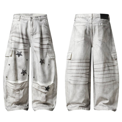 Vintage Wash Star Pattern Baggy Straight Leg Cargo Jeans