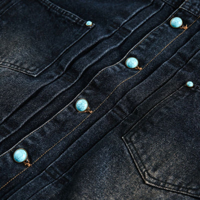 Original Sapphire Turquoise Button Retro Street Loose Washed Distressed Denim Jacket