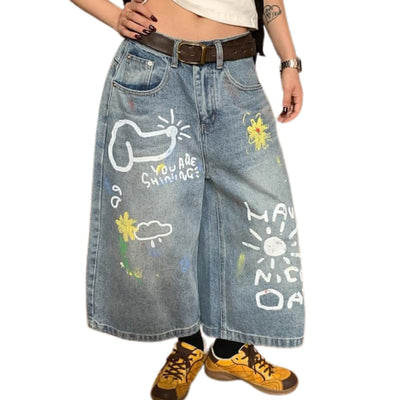 Graffiti Print Loose Fit Denim Shorts