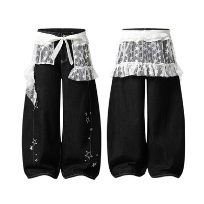 Y2K Star Mesh Layered Spliced Lace Baggy Wide-Leg Jeans