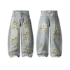 American Retro Frayed Hem Star Graphic Loose Fit Denim Trousers