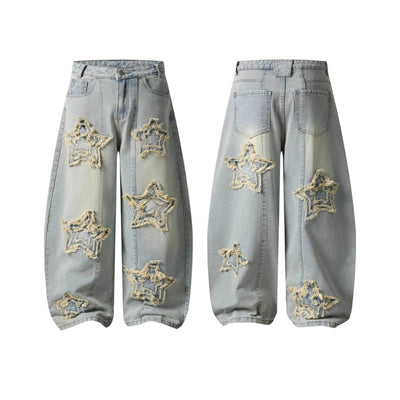 American Retro Frayed Hem Star Graphic Loose Fit Denim Trousers