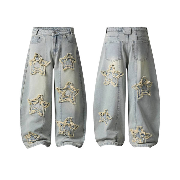 American Retro Frayed Hem Star Graphic Loose Fit Denim Trousers
