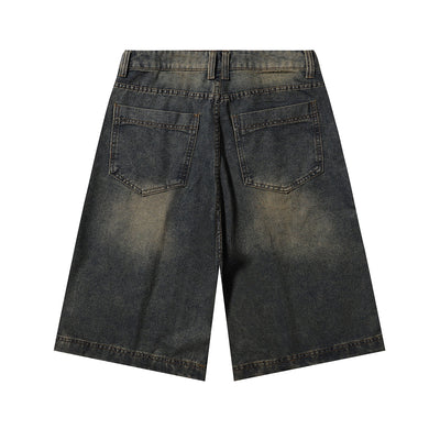 Knee Patch Design Vintage Washed Denim Shorts