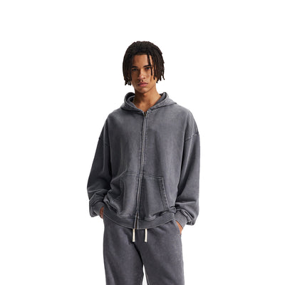 Double Yarn Vintage Washed Zippered Comfort Hoodie
