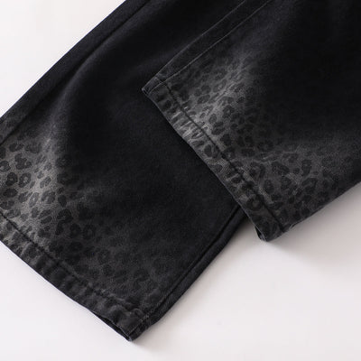 Black Wash Leopard-Print Wide-Leg Jeans