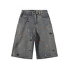 Dog Embroidery Design Vintage Washed Denim Shorts