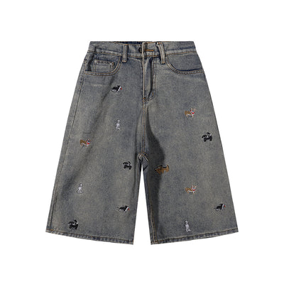 Dog Embroidery Design Vintage Washed Denim Shorts