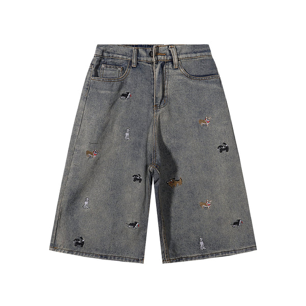 Dog Embroidery Design Vintage Washed Denim Shorts