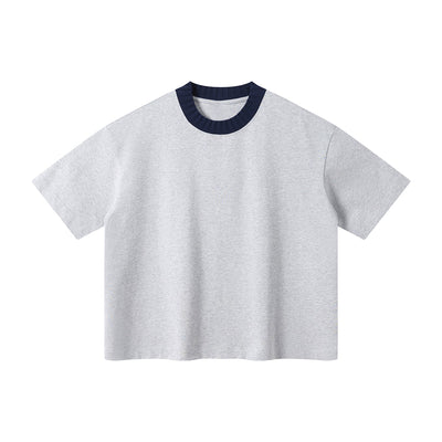 Oversized Color-Block Ribbed Collar Comfortable Tee