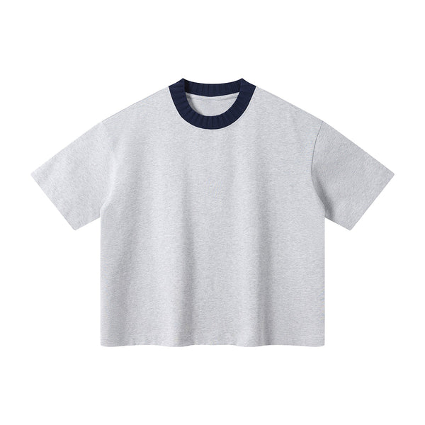 Oversized Color-Block Ribbed Collar Comfortable Tee