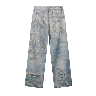 Digital Print Vintage Style Faux Denim Jeans