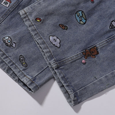 Embroidered Blue Wide Leg Distressed Denim Jeans