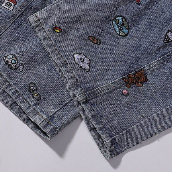 Embroidered Blue Wide Leg Distressed Denim Jeans