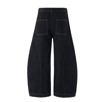 Curved Seam Wide Leg Denim Trousers Dark Indigo Wash