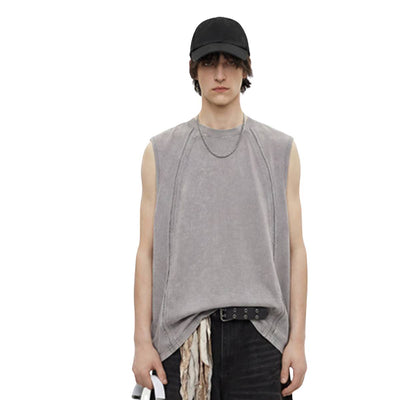 Distressed Raw Hem Patchwork Acid Wash Sleeveless Tank Tee