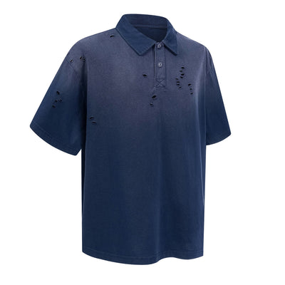 Retro Distressed Cotton Vintage Wash Polo T-Shirt