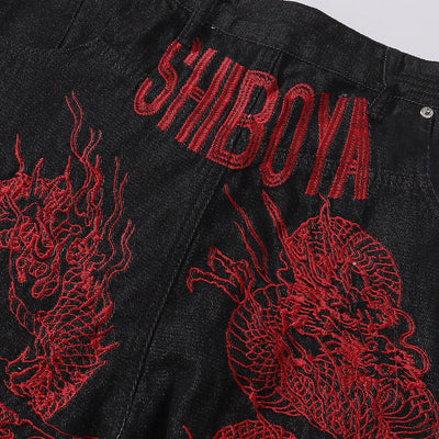 Shibuya Dragon Embroidered Wide Leg Jeans