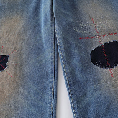 Loose Fit Embroidered Patch Distressed Jeans
