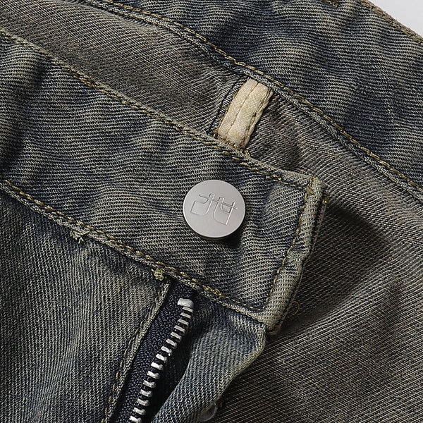 Utility Distressed Straight Leg Denim Jeans