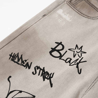 Graffiti Print Washed Wide-Leg Jeans