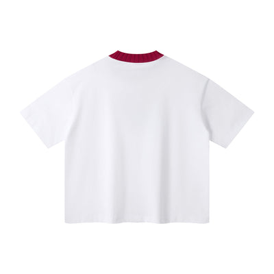 Oversized Color-Block Ribbed Collar Comfortable Tee