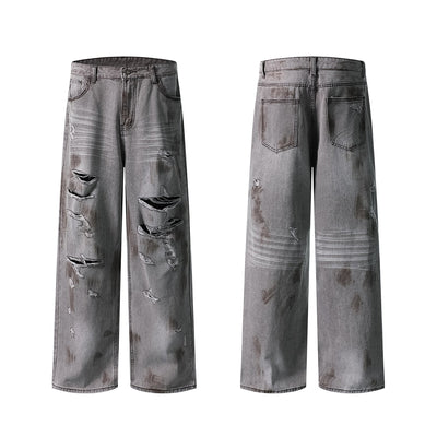 Baggy Fit Distressed Grey Ripped Jeans