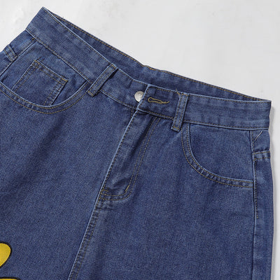 Cartoon Flower Print Denim Summer Streetwear Shorts