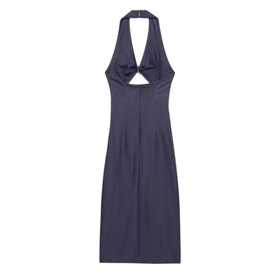 Halter Neck Cut-Out Denim Maxi Dress