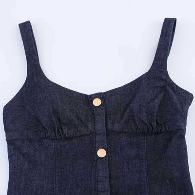 Decorative Button Strappy Denim Maxi Dress