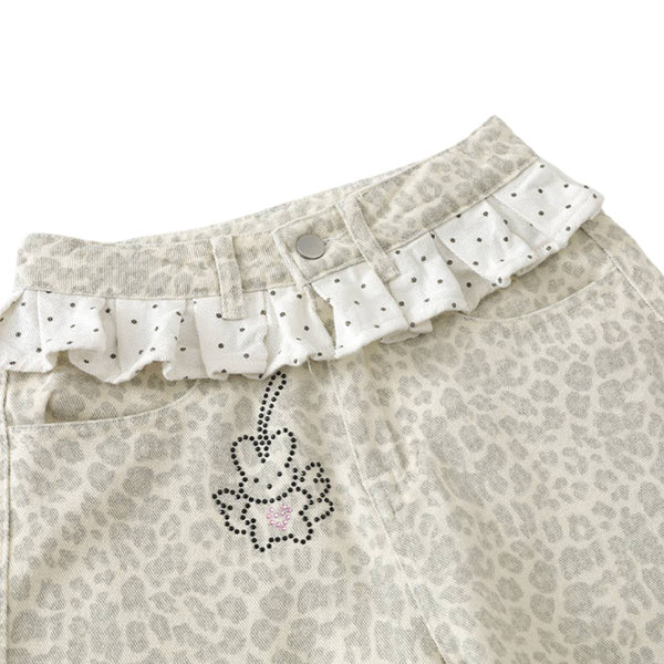 Leopard Print Polka Dot Ruffle Waist Rhinestone Graffiti Wide-Leg Jeans