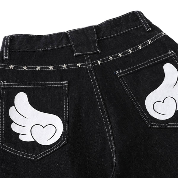 Retro Contrast Heart & Wings Patchwork High Rise Loose Draped Denim Jeans