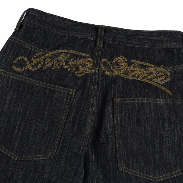 Embroidered Black Washed Baggy Jeans