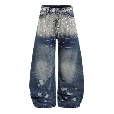 Paint Splatter Barrel Leg Denim Jeans with Rivet Details