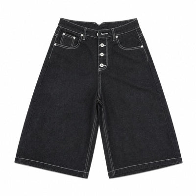 Button Fly Raw Black Denim Shorts