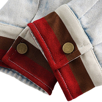 American Trendy Washed Color-blocking Stand-up Collar Denim Jacket