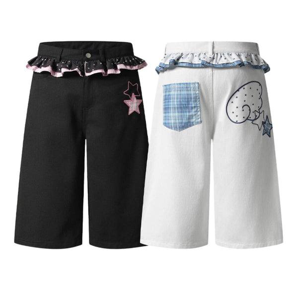 Washed Star Print Ruffle Waist Plaid Relaxed Bermuda Shorts