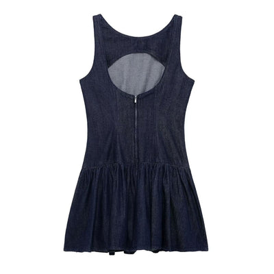 Low-Cut Back Ruffle Mini Denim Dress