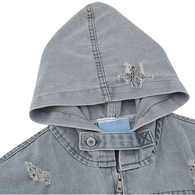 Unisex Retro Distressed Ripped Washed Denim Jacket with Hood
