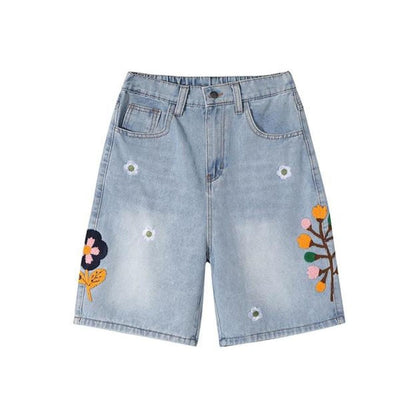 Floral Embroidery Washed Denim Shorts