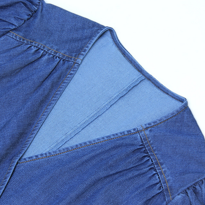 Puff Sleeve Denim Wrap Midi Dress