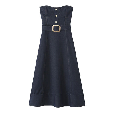 Women's Strapless Belted Denim Midi Dress
