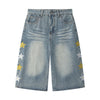 Star Print Washed Denim Capri Shorts